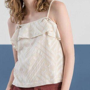 Leo & Sage Ruffle Beige Camisole Tank Blouse Top Rope Cotton Sleeveless S
